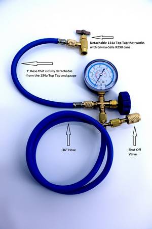 Can Tap R12 R22 Charging Hose & Gauge Set For the ENVIRO-SAFE R290 & R22A Cans 